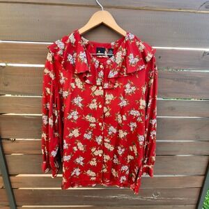 Lizsport Vintage‎ 80s Red Floral Ruffle Collar Blouse Top Medium Cottagecore